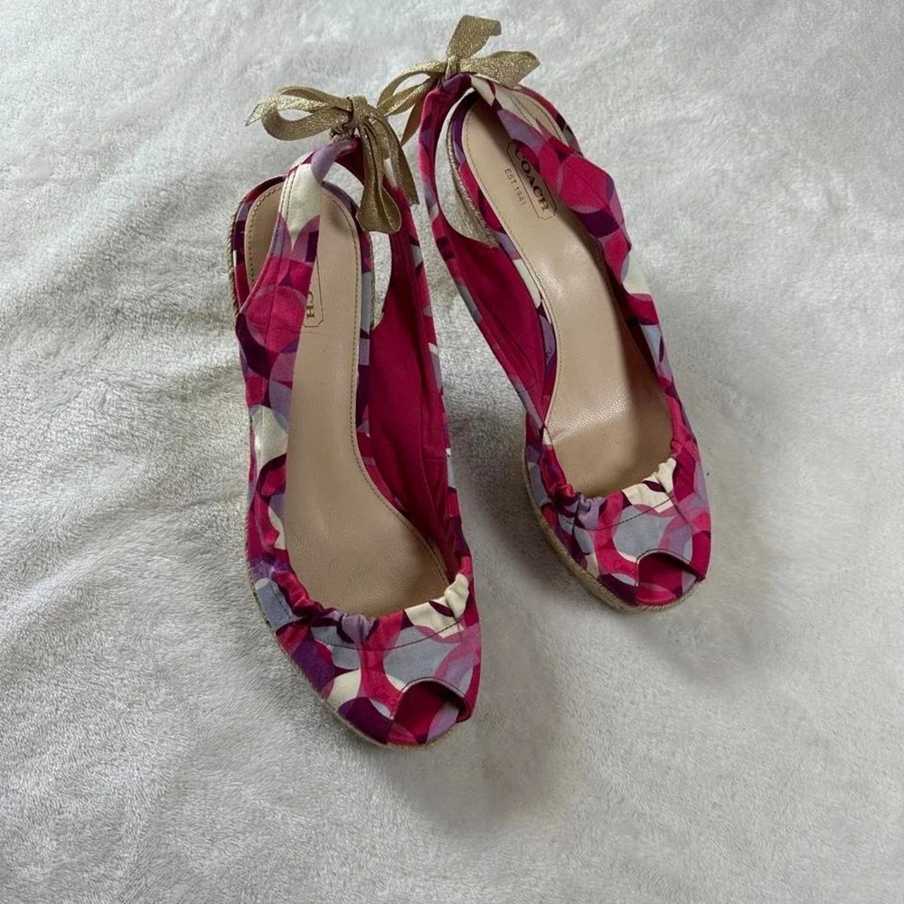 Coach Maritza pink canvas espadrille platform wedge sandals peep toe y2k